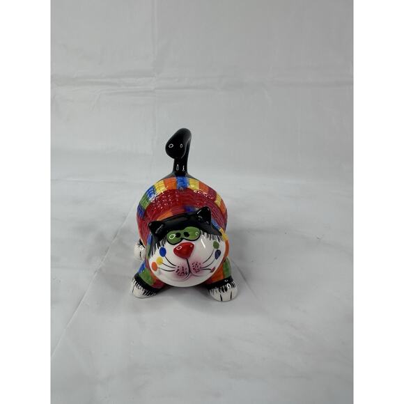 Amy Lacombe Ceramic Black Tuxedo Fat Cat Whimsical Rainbow Sweater Cat Lady - Picture 1 of 9